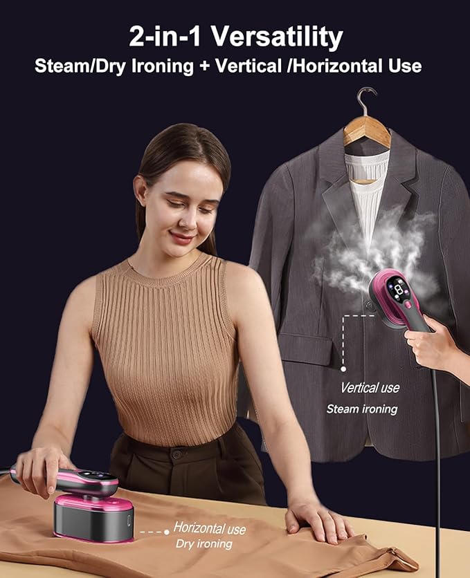 2-in-1 Steamer & Iron for Clothes, Portable Handheld Garment Steamer with LED Display, Large Ceramic Panel Travel Clothes Steamer Iron, 10s Fast Heat-Up All-Fabric Remove Wrinkle (Purple)