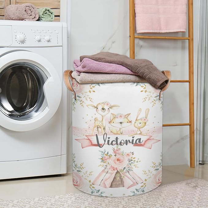 Personalized Laundry Basket, Custom Gift Laundry Hamper, Collapsible Nursery Waterproof Laundry Baskets, Dirty Clothes Toy Hamper with Handles Boho Woodland Animals