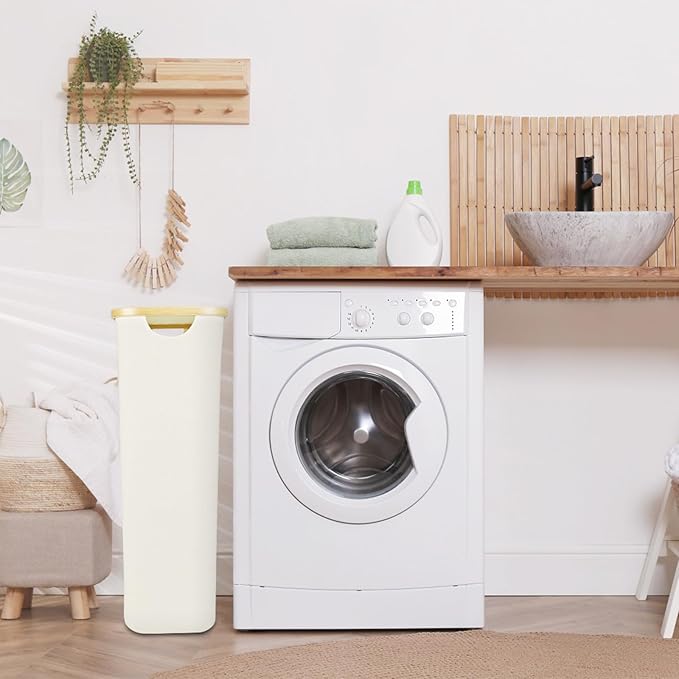 Slim Laundry Hamper with Lid - 60L Narrow Laundry Hamper with Lid, Dirty Clothes Hamper Small Hampers for Small Space, Slim Laundry Basket with Bamboo Handle (Beige)
