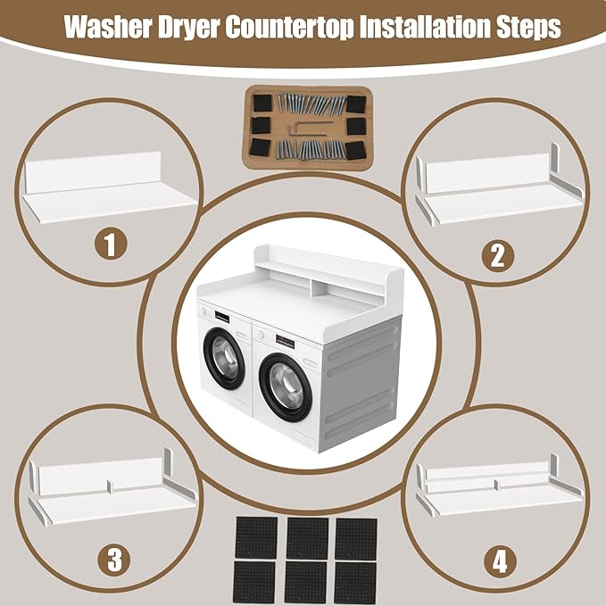 2-Tier Washer and Dryer Countertop, Wooden Washer Dryer Countertop, 27.5" Depth X 54" Laundry Countertop Over Washer and Dryer for Folding Clothes Over Washer and Dryer (White)