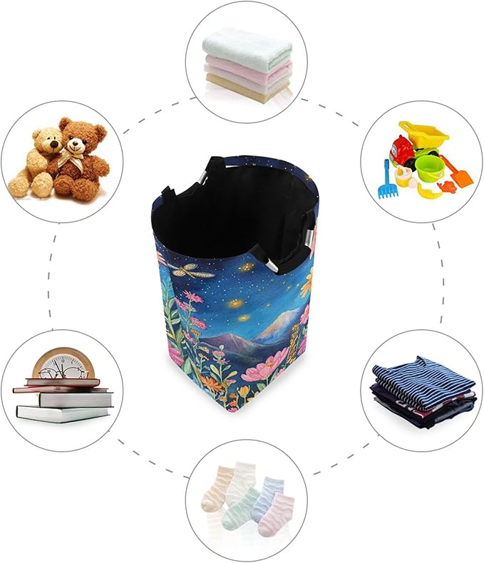 xigua Wildflowers with Mountains Large Laundry Hamper with Handle, Foldable Clothes Hamper Collapsible Storage Basket for Toys and Clothes Organization in Bedroom, Bathroom, and Laundry Room