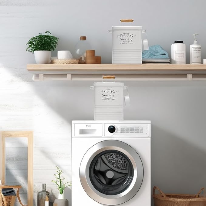 SSTATES Laundry Room Organization Set, Metal Laundry Detergent Pods Container and Dryer Sheet Holder with Lid, Laundry Powder Storage Bin with Scoop for Farmhouse Decor, (2 Pack, White)