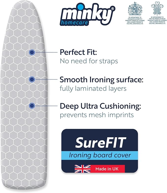 Minky Homecare SureFit Super Soft Ironing Board Cover and Pad with Ultra Thick Felt Backing for Smoother Ironing and Pressing - 54 x 15 inches