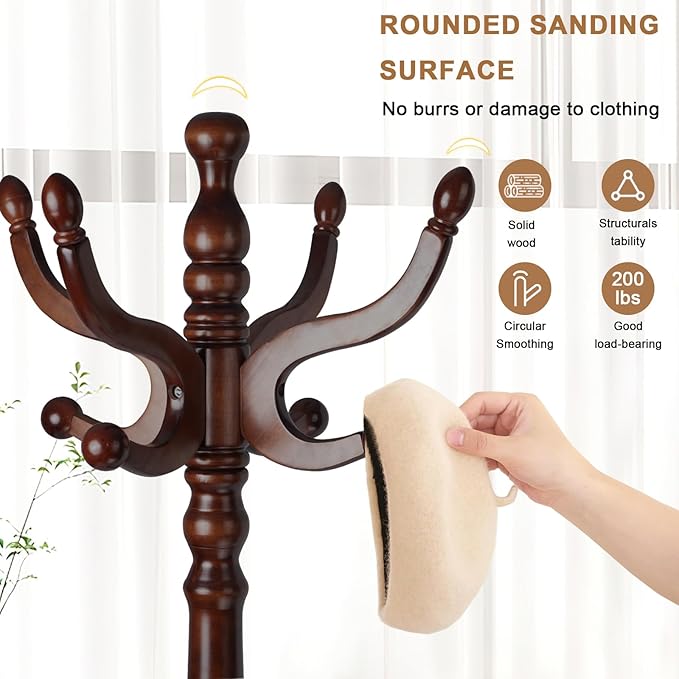 Solid Wood Coat Rack, Free Standing Hall Coat Tree with 11 Hooks, 2 Height Options, 270lbs Load, Stury Base, Clothes Rack for Entryway, Hallway, Bedroom (Tri-legged Base - Dark Brown)