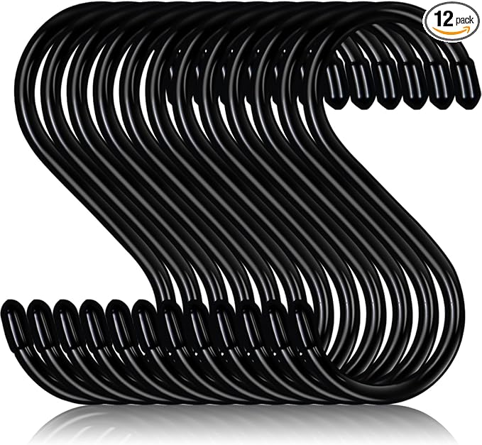 5 Inch Heavy Duty S Hooks, Large S Hooks for Hanging Plants, Vinyl Coated S Hook 12 Pack Sturdy Non Slip Kitchen and Closet Black S Hook for Hanging Large Object, Garden Tools, Pot