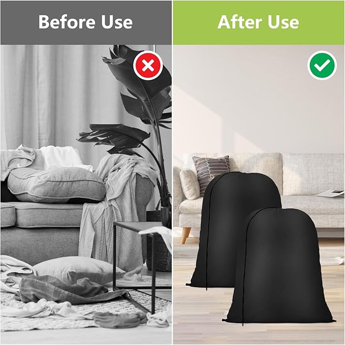 OTraki 20 x 24 inch Laundry Bag 2 Pack Travel Laundry Bags Medium Washable Dirty Clothes Bag Organizer with Drawstring Closure for Camp Fit Laundry Hamper Drying Do Not Exceed 176℉ Black
