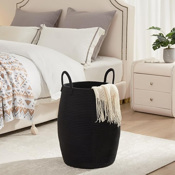 Cotton Rope Laundry Hamper Basket, 65L Woven Large Laundry Basket, Tall Dirty Clothes Hamper for Storage Blankets, Toys in Bedroom, Living Room Organizing-Collapsible-Black