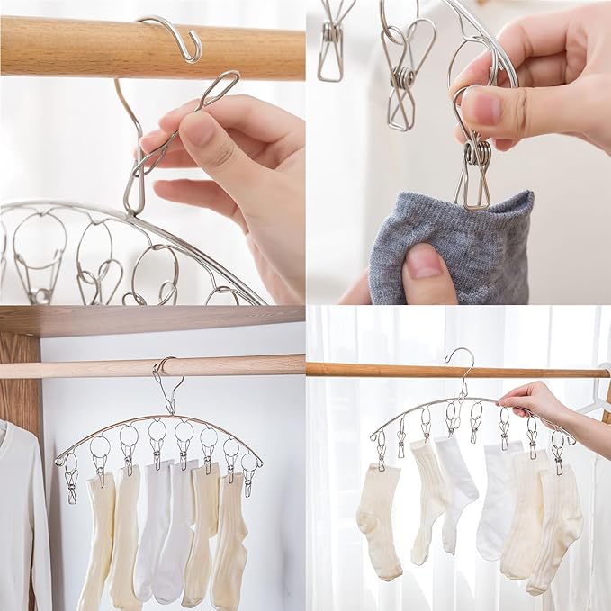 2Pcs Clothes Drying Hanger with 16 Clips, Stainless Steel Sock Air Drying Rack, Windproof Anti-Lost for All Small Laudry Item and Herbs