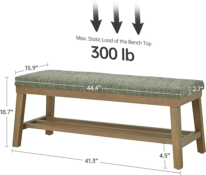 VKNOW Entryway Bench, 44.4" Upholstered Storage Shoe Bench for Entryway & Bedroom, Shoe Rack Bench with Rubberwood Legs, Modern End of Bed Bench for Living Room and Hallway, Green