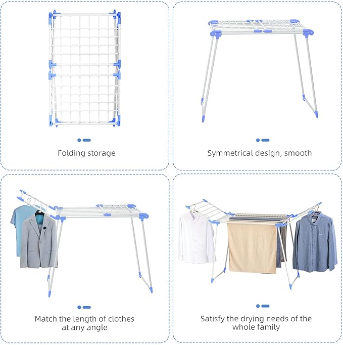 Clothes Drying Rack, Gullwing Laundry Rack, Collapsible, Space-Saving Laundry Rack, with Bonus Sock Clips, for Clothes, Towels, Linens, Indoor/Outdoor, Blue
