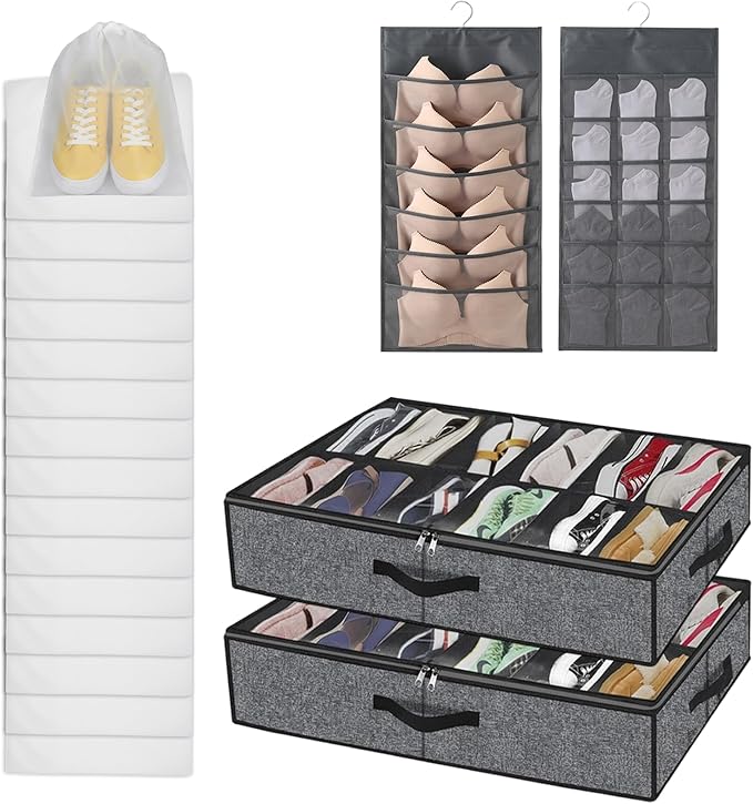 2 pc Sturdy Under Bed Shoe Storage Organizer, Underbed Shoes Closet Storage Solution with Clear Window, Breathable, With 1 Sock Bag and 20 Disposable Shoe Bags Fit 12 to 24 Pairs, Linen-like Black