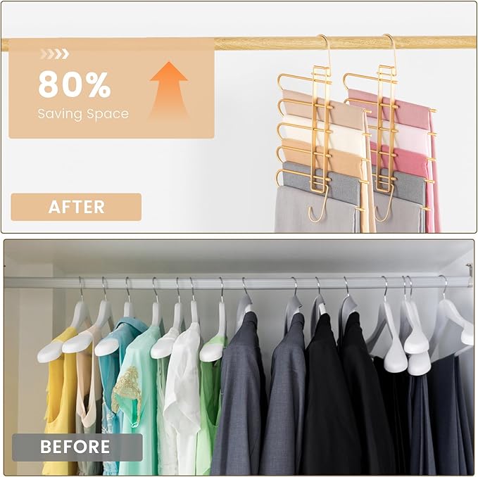 Pants Hangers Space Saving,Closet Hangers 5 Layers 2 Uses Multi Functional Pants Rack,Metal Heavy Duty Wardrobe Organizer Racks for Clothes Trousers Scarves Ties (2Pack Gold)
