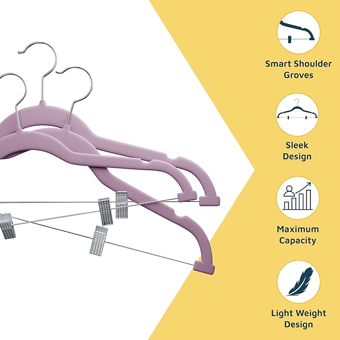 Lifemaster Velvet Skirt Hangers – with Adjustable Clips, 360 Degree Swivel Hook, and Non-Slip Shoulder Notch, Holds Up to 10 lbs, for Organizing Skirt, Pants, Dress, and Clothes, Pack of 50, Purple