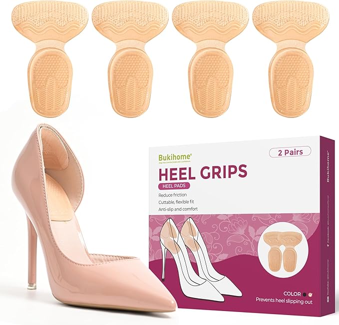 Heel Grips for Women Shoes - Bukihome Heel Pads for Shoes That are Too Big, Non-Slip, Reduce Friction T-Shape Design Shoe Cushions for High Heels, Sandals, Pumps, Flats, Boots (4 Pcs, Beige)