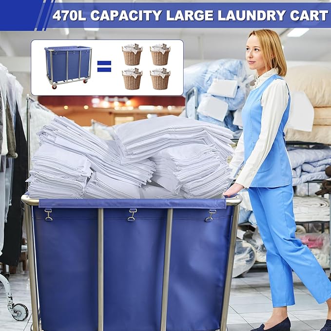 420L Commercial Rolling Laundry Cart with Wheels, 440 Lbs Heavy Duty Stainless Steel Frame Hamper, Extra Large Laundry Basket with Removable Waterproof Liner Bag for Hotel, Hospital & Dorm, Blue