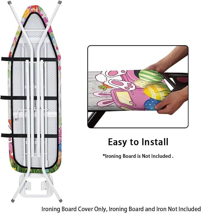 Bunny Thick Iron Board Cover with Elastic Edge Wood Print Ironing Board Covers Loop Fastener Strap Standard Size Easter Living Room Decoration