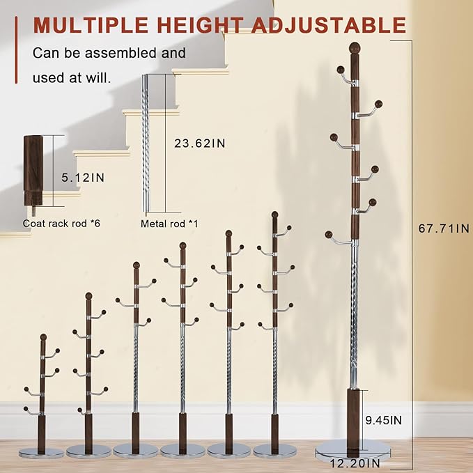 Wooden Coat rack freestanding, Coat racks stand with 6 Hook, Heavy duty coat tree standing Adjustable Heights for Bedroom, Entryway, Hallway, Office, Metal Base (Walnut)