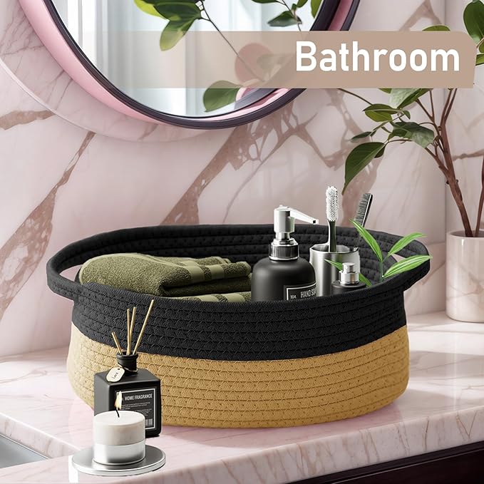 Woven Basket,Small Rope Storage Bin with Handles & Ribbon Bag, Organizer for Shelves Closets,Gift Basket Empty for Birthday,Books,Dog Toys, Black&Jute