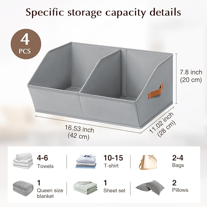 Closet Organizers and Storage Bins - 4 Pack Collapsible Divided Trapezoidal Cube Storage Bins Baskets For Organizing Clothes Blankets,Toys, Books, Towels(Light Grey)