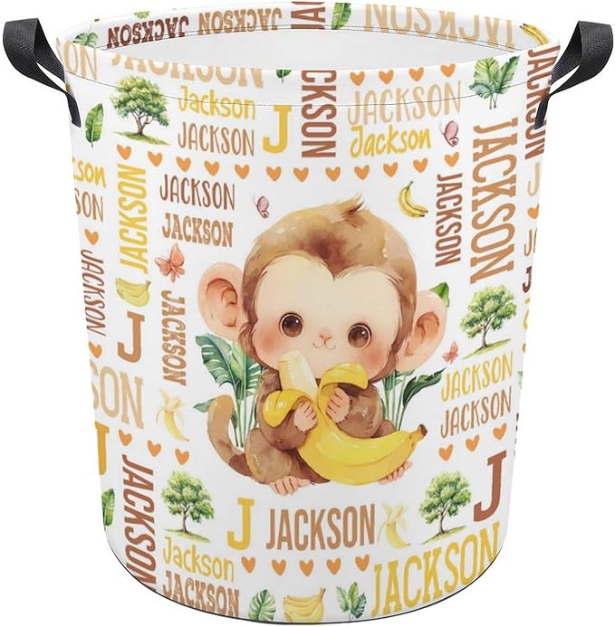 Monkey Laundry Basket,Custom Laundry Hamper with Name,Personalized Monkey Gifts for Boys Girls,Customize Collapsible Laundry Basket for Bedroom Bathroom,M-19.5"X 15.7"