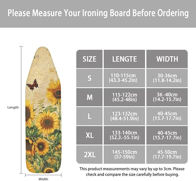 Sunfloral Ironing Board Cover,Iron Board Cover Standard Size,Floral Ironing Board Cover,Butterfly Ironing Board Cover,Retro Sunfloral Print XX-Large