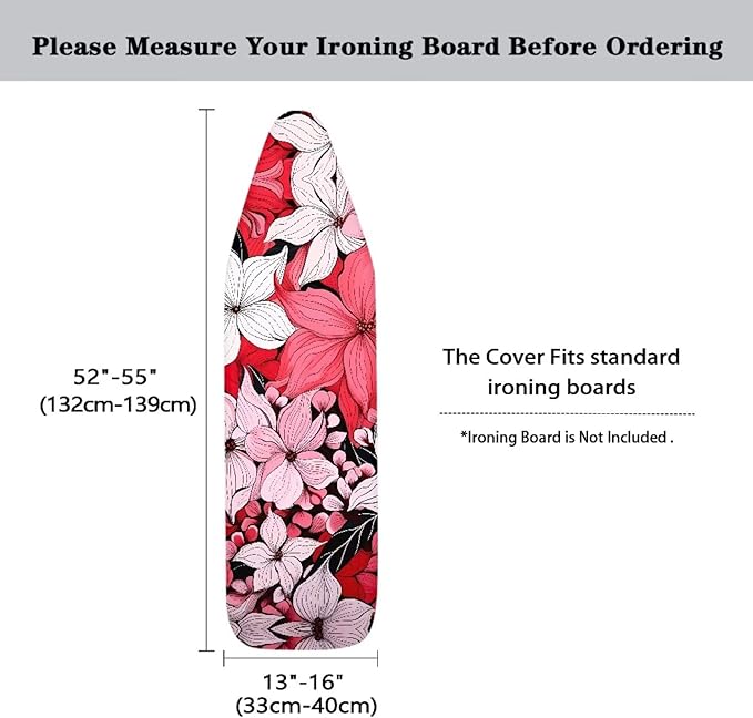 Flashideas Red Flower Ironing Board Cover with Hook and Loop Adjustable Fasteners Ironing Board Covers Protective Scorch Resistant Universal Fit Easy Install Clean