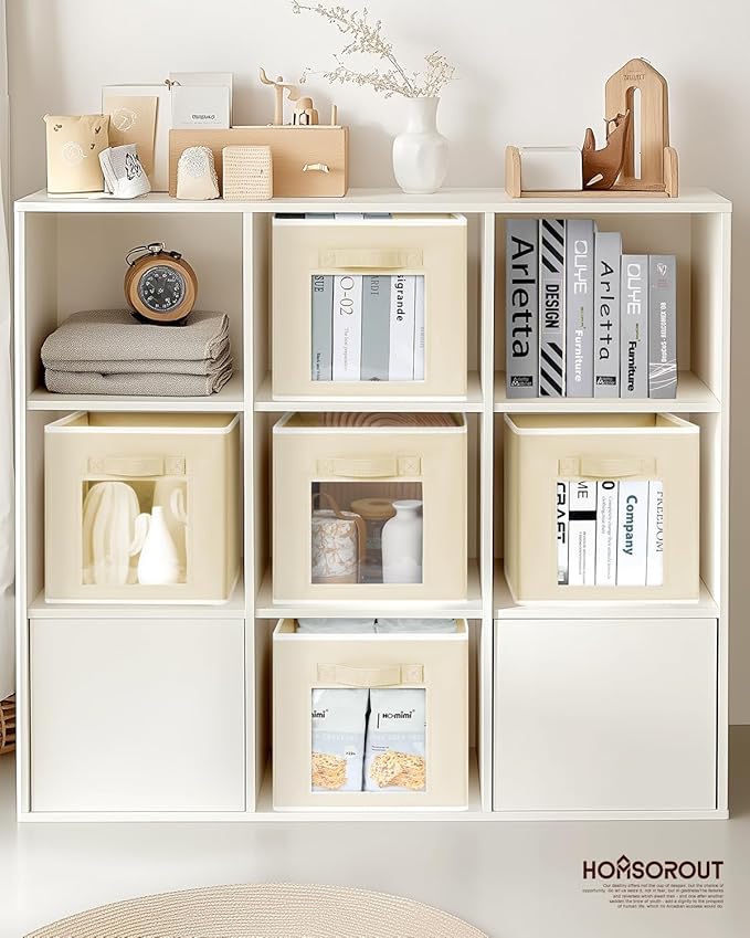 Foldable Storage Cubes - Square Organizer with Window, Decorative Baskets for Organizing, Fabric shelf Basket for Clothes, 11 Inch Closet Storage Cubes, Set of 16, Beige