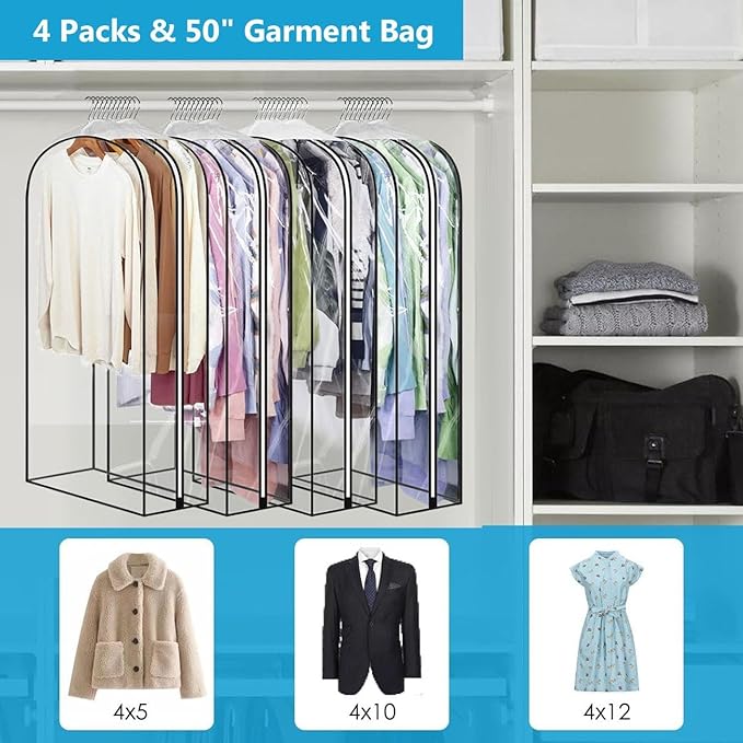 50" Clear Clothes Hangers with Smooth Side Zipper, 10" Gusseted Waterproof Garment Bags for Shirts, Coats, Dresses, Suits, 4 Pack
