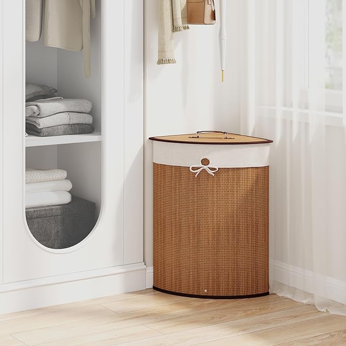 Giantex Corner Laundry Hamper with Lid, 58 L Bamboo Laundry Basket with Removable Liner & Handle, Triangle Clothes Hamper for Small Spaces, Bedroom, Bathroom, Laundry & Living Room (Bamboo)