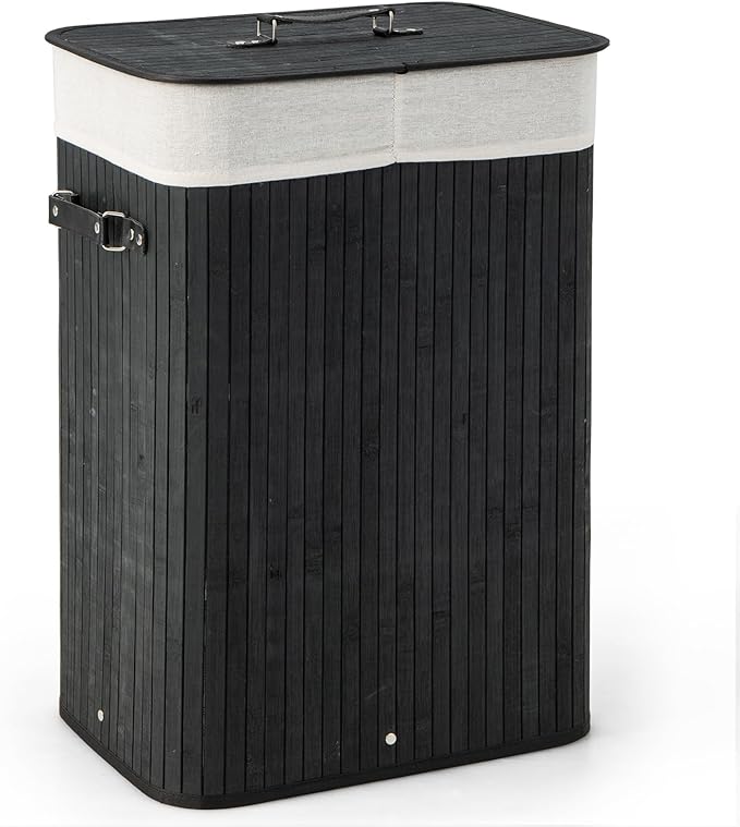 Giantex Bamboo Laundry Hamper with Lid, 72L Large & Tall Clothes Hamper with Removable Liner & Handles, Rectangular Laundry Basket for Small Spaces, Laundry Room, Bedroom (Black)