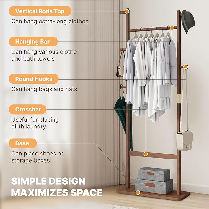 CHANCEE Solid Wood Coat Rack, Freestanding Clothes Rack with Shoe Storage, Heavy-Duty Hall Tree with 5 Hooks, Corner Coat & Hat Stand for Bedroom, Entryway, Living Room, Hotel