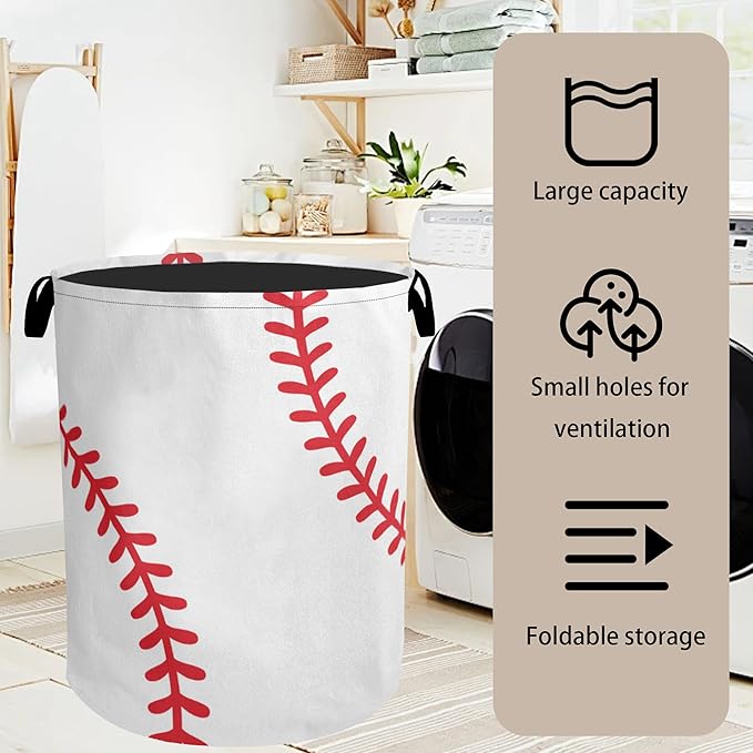 Baseball Large Clothes Hamper Bag - Laundry Basket with Handles, Space Saving Foldable Design for Nursery