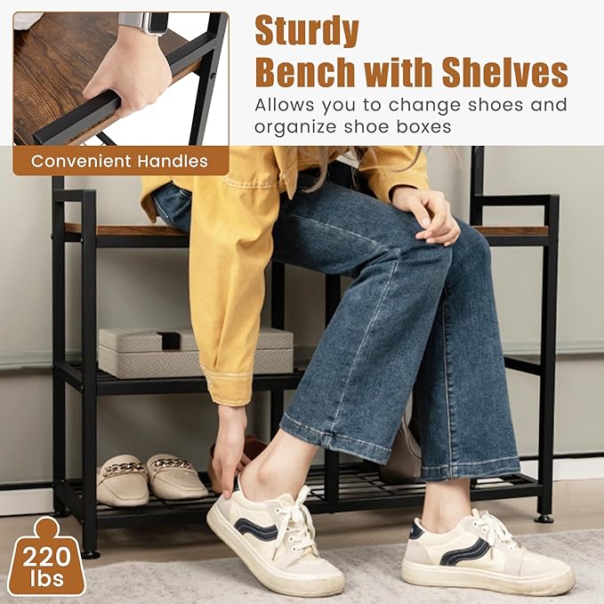 S AFSTAR 3-in-1 Storage Benches Coat Rack with Storage Shelf & 9 Movable Hooks, Industrial Hall Tree with Shoe Bench, Anti-Tipping Device, Shoe and Coat Rack for Entryway Living Room Bedroom, Brown