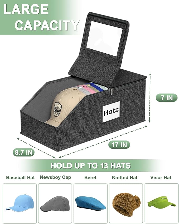 Hat Organzier for Baseball Caps - 2 PCS Stackable Hat Storage Holder Holds up to 26 Caps for Closet, Dust-Proof Hat Boxes Container with Clear Window for Home