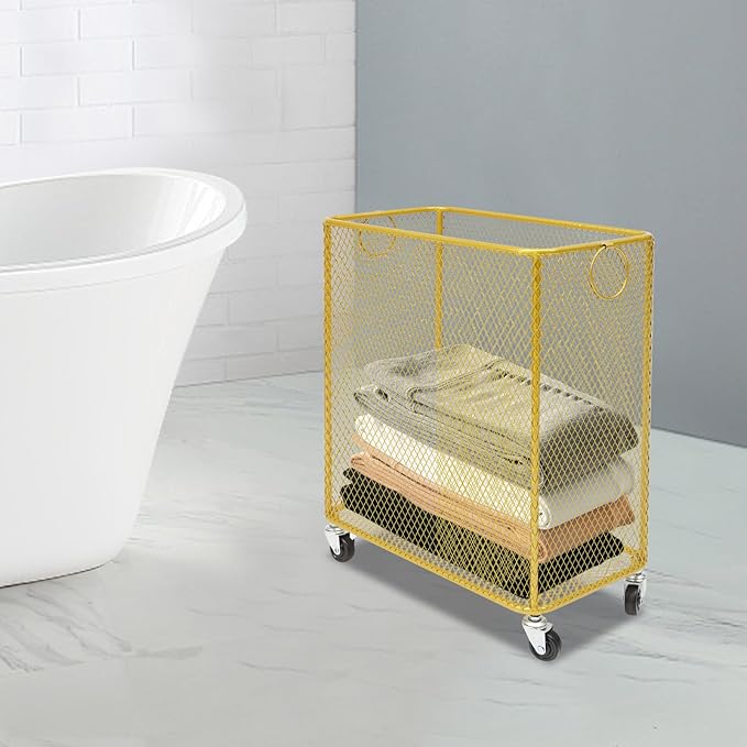 Wire Metal Rolling Laundry Basket On Wheels,Gold Mesh Wire Laundry Basket Storage Cart for Bathroom Bedroom Dirty Clothes Storage (I)