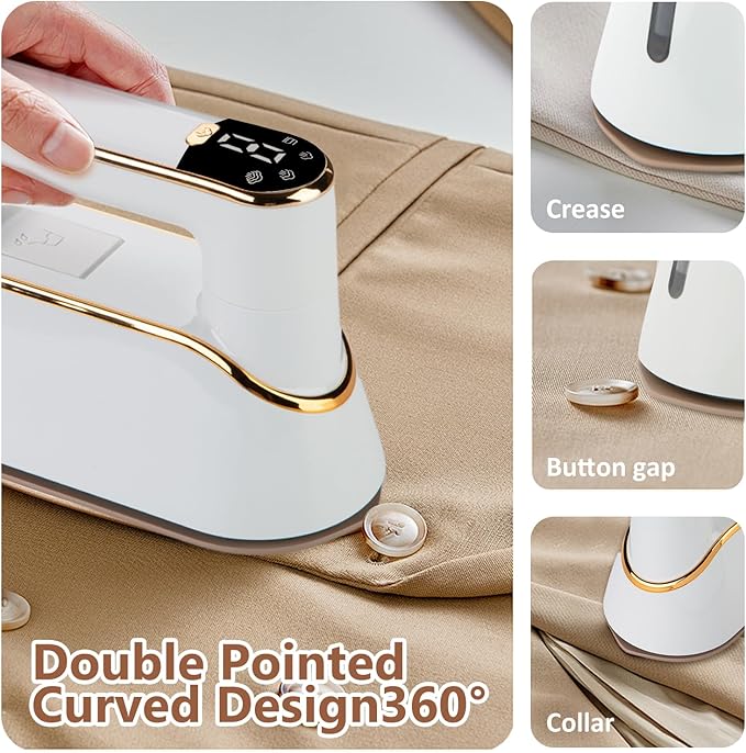 Micro Steam Iron for Clothes, Portable Handheld Travel Garment Steamers with LED Display, 3 Types Steam Mode, Rotating Foldable Dry & Wet Ironing, 1000W 20S Fast Heat Up Steaming (White-B)