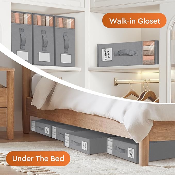 6 Pack Bed Sheet Closet Organizers and Storage,Sturdy Foldable Storage Containers with Window and Label,Storage and Organization for Bedding Sheets,Duvet Covers,Blankets (Grey)