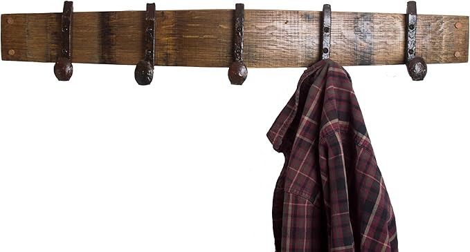 Wine Barrel Coatrack with Bent Railroad Spike Hooks