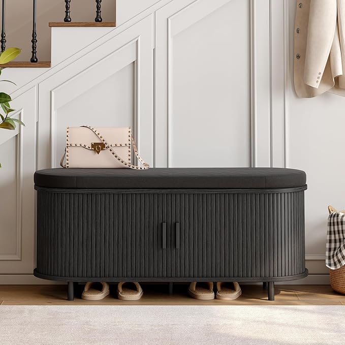 ONBRILL 43" Shoe Bench with Storage, Fluted Shoe Storage Bench with Cushion, Sliding Door and Adjustable Shelf, for Entryway, Hallway, Living Room (Black)