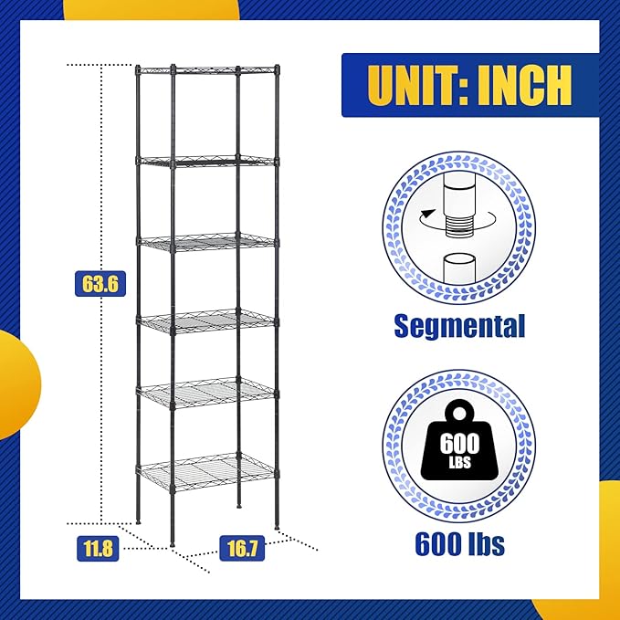 6-Tier Metal Shelving Unit, Adjustable Wire Shelf Storage Rack for Pantry, Closet, Kitchen, Bathroom, Laundry Room – Heavy Duty Storage Shelves Organizer, Narrow Space-Saving Standing Shelf (Black)