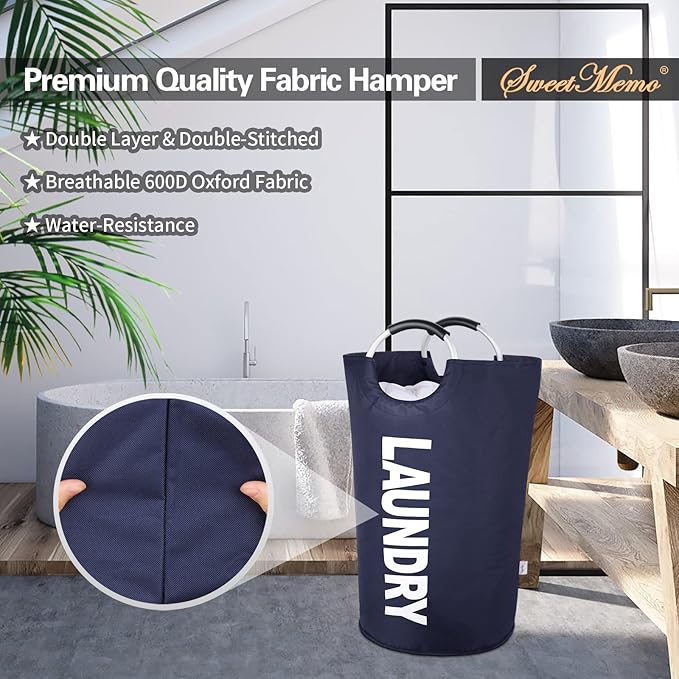 Large Laundry Basket Collapsible，Freestanding Clothes Hamper Bag with Handles – Tall Folding Dirty Laundry Bin，Sturdy Laundry Sorter for College Dorm，Laundry Room – 130L (Navy Blue)