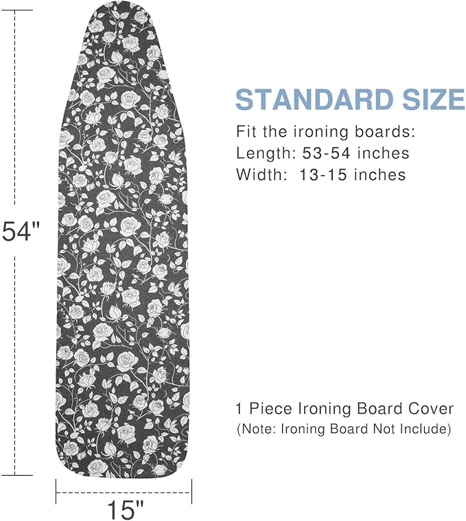 Ironing Board Cover and Pad, Standard Size 15x54, Thick Padding, Elastic Edge, Resist Scorching, Adjustable Fastener, Heavy Duty Floral Iron Board Covers (Rose)