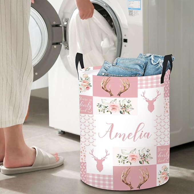 Custom Name Deer Laundry Baskets, Personalized Pink Laundry Basket for Kids & Adults, 2 Sizes Storage Organizer