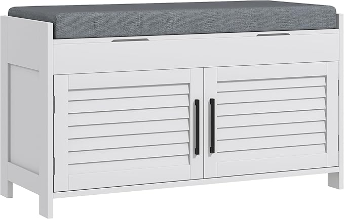 HOMCOM Entryway Bench with Shoe Storage, Cushion, Hidden Compartments, Adjustable Shelves and Shutter Doors, 35.4" Organizer for Entryway, Hallway, Holds Up to 352 lbs., White