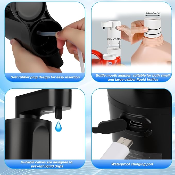 Electric Laundry Detergent Dispenser with Graduated Cup, Smart Laundry Detergent Pump, 2000mAh Rechargeable Fabric Softener Dispenser with Lock Function, for Laundry Room Organization (Black)