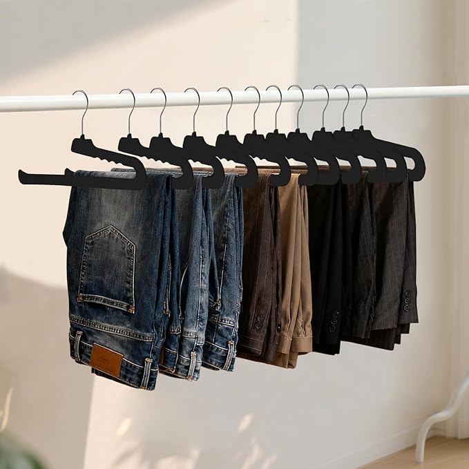 ManGotree Non Slip Velvet Pants Hangers, Open Ended Felt Jean Hangers for Closet Organizer, Heavy Duty Space Saving for Trousers, Slacks, Shorts, Dress, Scarf (10 Pack, Black)