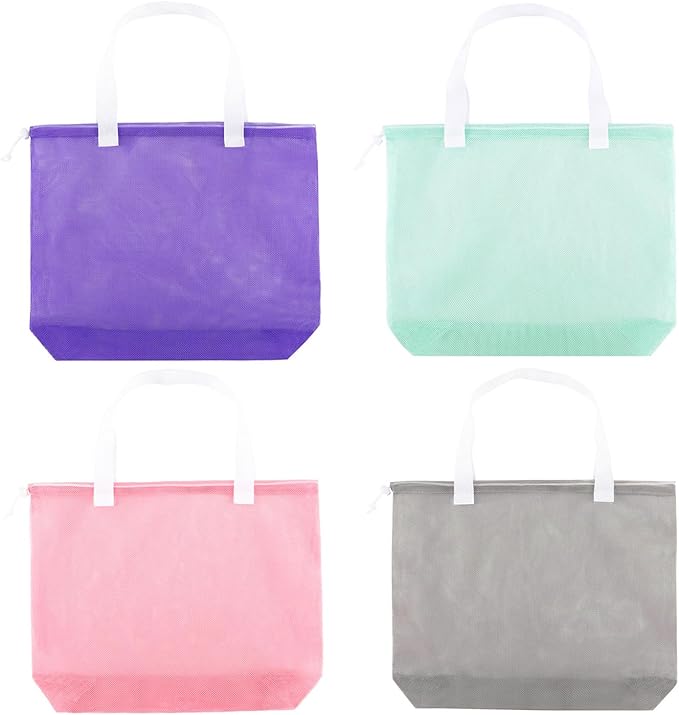 Reusable 4Pack Colorful Mesh Beach Tote Bags,Mesh Shopping Bag With Drawstring For Travel,Toys,Gift Or Laundry … …