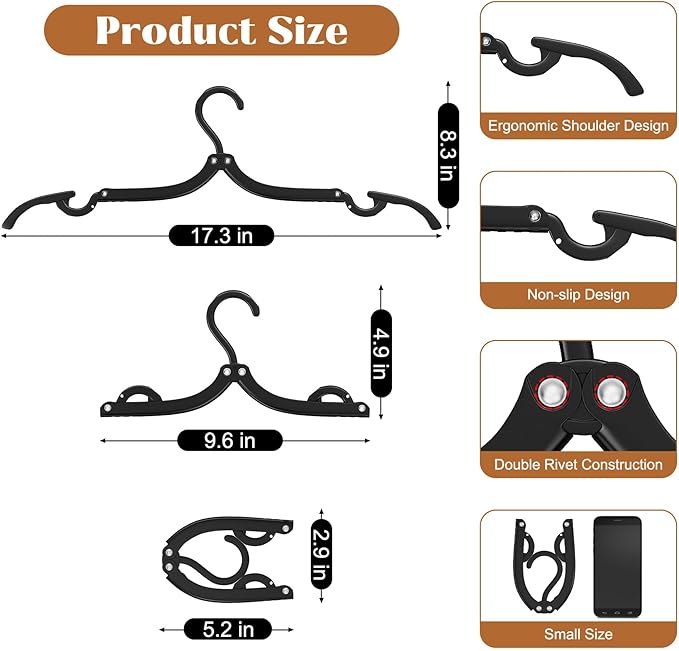 10 Pcs Portable Travel Hangers for Cruise Ship Essentials 2026, Plastic Folding Foldable Hangers Clothes Drying Rack Travel Accessories for Suitcase, RV, Camping, Flying, Hotel, Road Trip (Black)