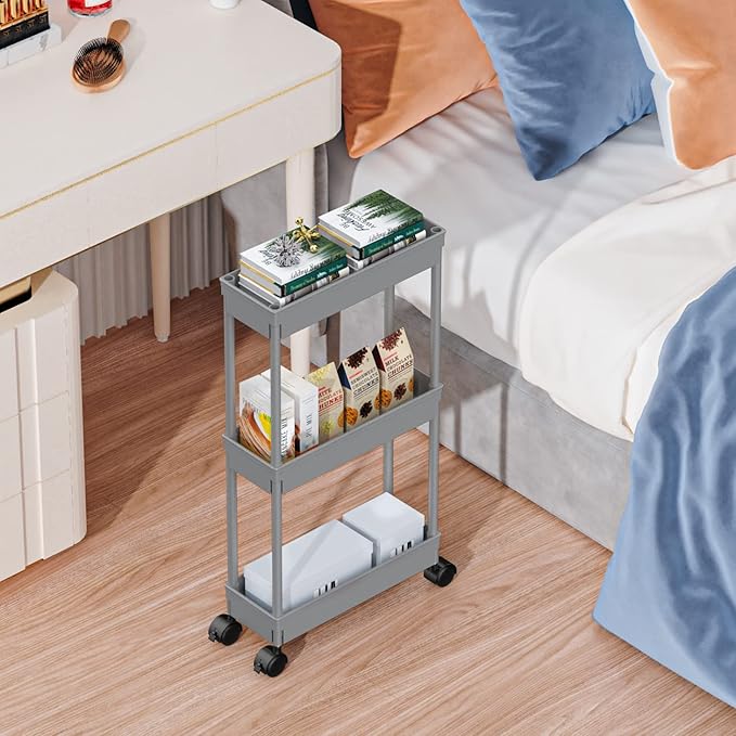 Sooyee Slim Storage Cart,3 Tier Bathroom Rolling Utility Cart Storage Organizer Slide Out Cart, Mobile Shelving Unit Organizer Trolley for Office Bathroom Kitchen Laundry Room Narrow Places, Grey