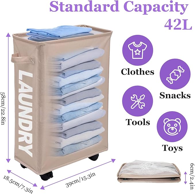 Slim Rolling Laundry Hamper with Wheels, 42L Collapsible Narrow Laundry Basket with Drawstring Mesh Cover, Foldable Dirty Clothes Organizer for Bathroom, Dorm, Small Spaces, Khaki